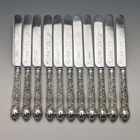 Around 1878 British antique silver plated cutlery set of 11 knives and 12 forks in a wooden box William Gallimore