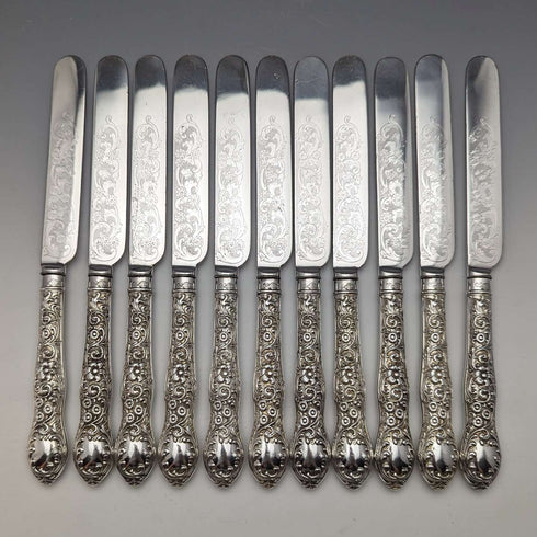 Around 1878 British antique silver plated cutlery set of 11 knives and 12 forks in a wooden box William Gallimore