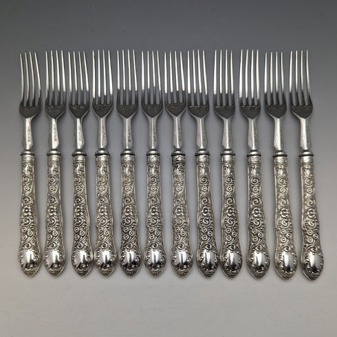 Around 1878 British antique silver plated cutlery set of 11 knives and 12 forks in a wooden box William Gallimore
