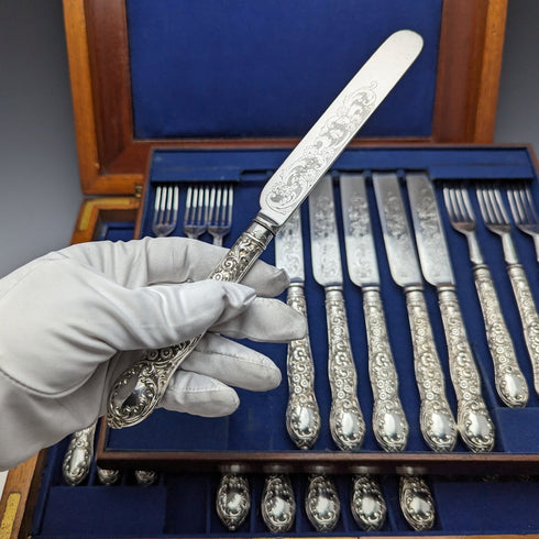 1878年頃 英国アンティーク シルバープレート製カトラリー ナイフ11&フォーク12セット 木箱入り William Gallimore