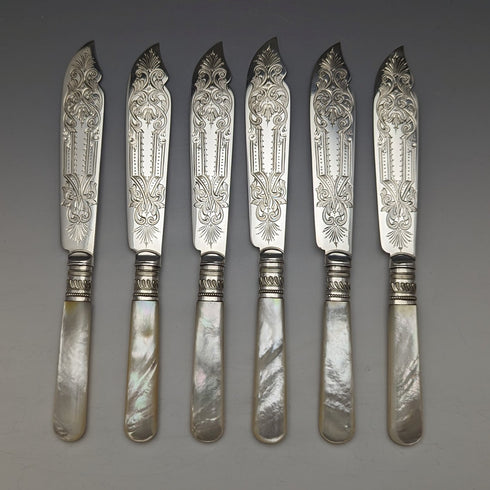 1890 年左右英國古董白色珍珠貝柄餐具 6 對套裝木盒 Joseph Elliot