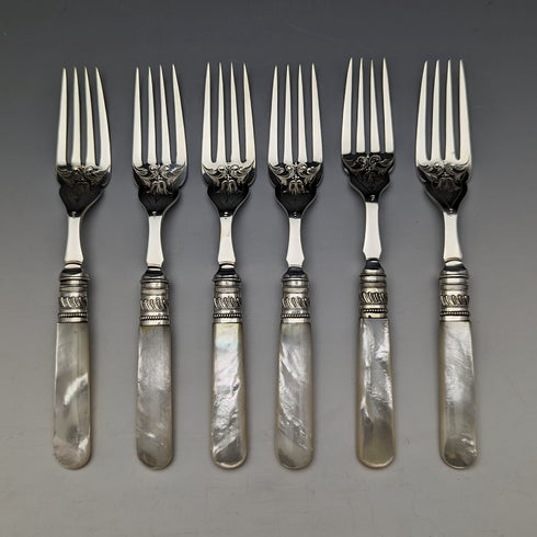 1890 年左右英國古董白色珍珠貝柄餐具 6 對套裝木盒 Joseph Elliot