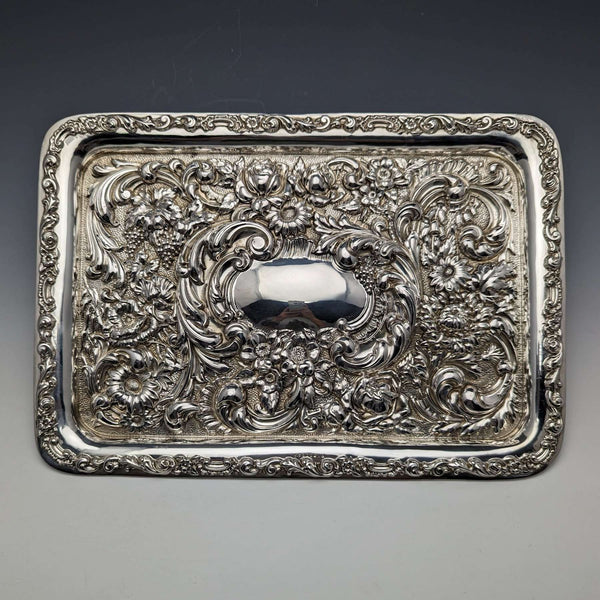 1909 British Antique Pure Silver Relief Engraving Dressing Table Tray 354g WGKeight
