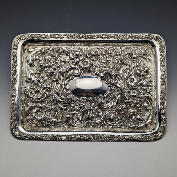1909 年英國古董純銀浮雕雕刻梳妝台托盤 354 克 WGKeight