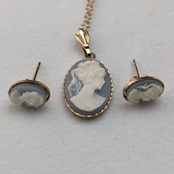 英國復古珠寶 K9 黃金和浮雕吊墜項鍊耳環套裝