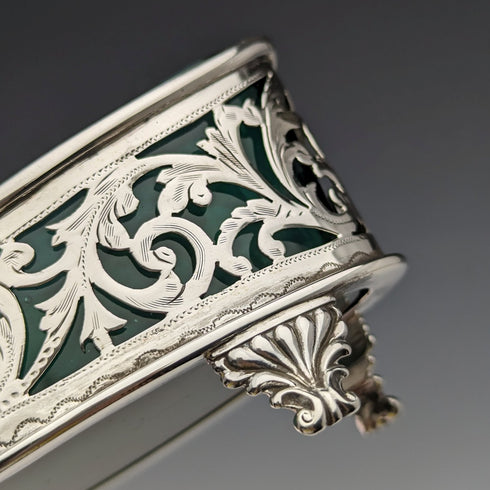 1904年 英国アンティーク 純銀&グリーングラス ソルトディッシュ&スプーン William Hair Haseler