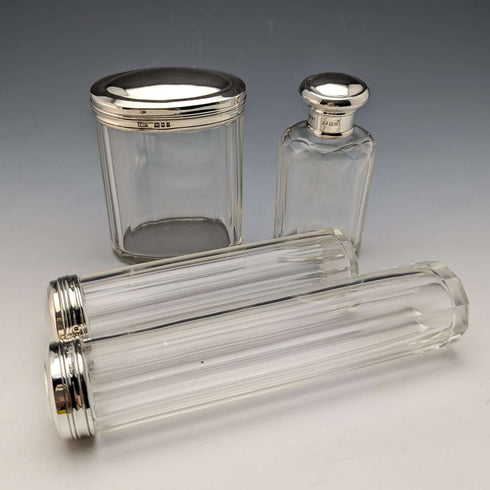 Around 1924 British Vintage Sterling Silver Lid Glass Bottle Set of 4