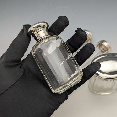 Around 1924 British Vintage Sterling Silver Lid Glass Bottle Set of 4