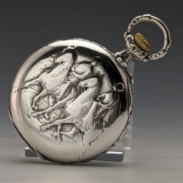 1904年頃 アンティーク ロンジン 懐中時計 馬彫刻 銀側オープンフェース 動作良好