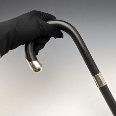 1930 年英國復古男士手杖,黑桿,純銀裝飾弧形手柄,92 厘米