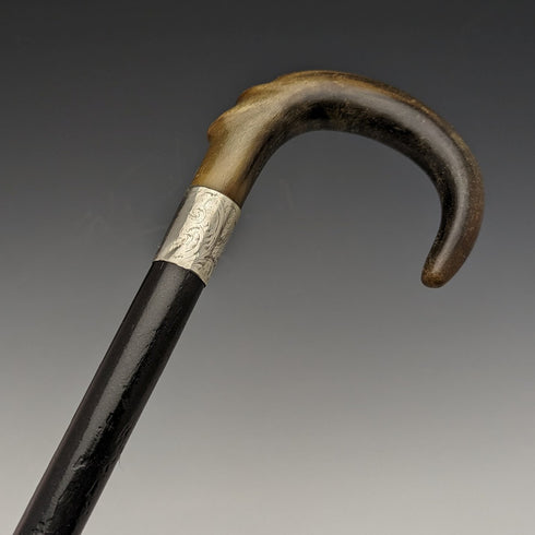 1927年 英国ヴィンテージ 紳士用ステッキ 杖 純銀装飾 曲がりホーンハンドル 92cm