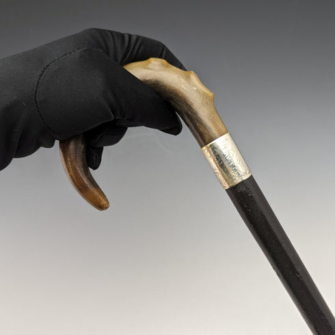 1927年 英国ヴィンテージ 紳士用ステッキ 杖 純銀装飾 曲がりホーンハンドル 92cm