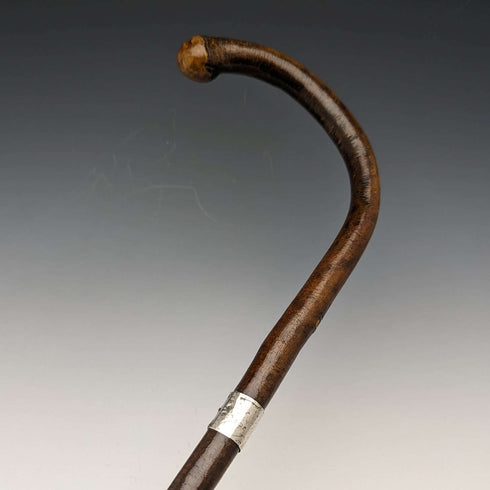 1919年 英国アンティーク 紳士用ステッキ 杖 純銀装飾 曲がりハンドル 88cm