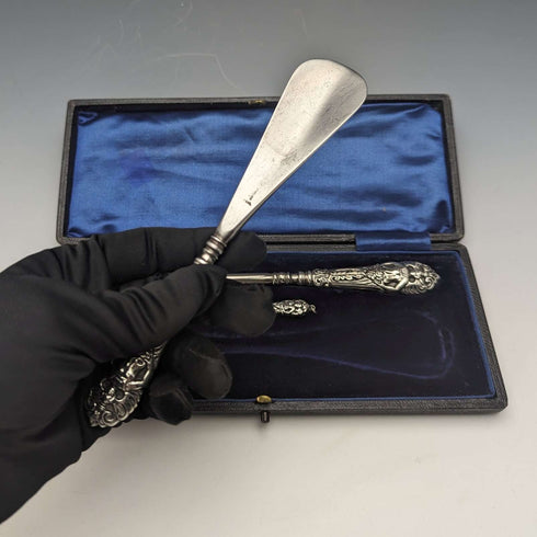 1903 British Antique Sterling Silver Handle Shoehorn Button Hook x2 Set Crisford & Norris