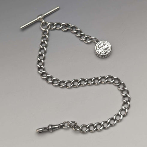Circa 1890 British Antique Sterling Silver Albert Chain 25g Sterling Silver Compass Fob