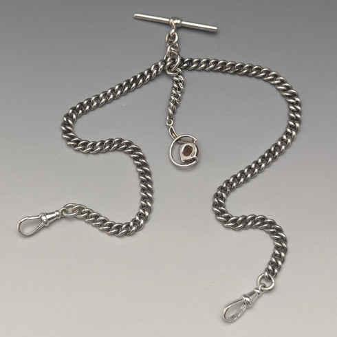 約 1910 年英國古董純銀雙阿爾伯特鏈 37 克純銀和琥珀吊墜