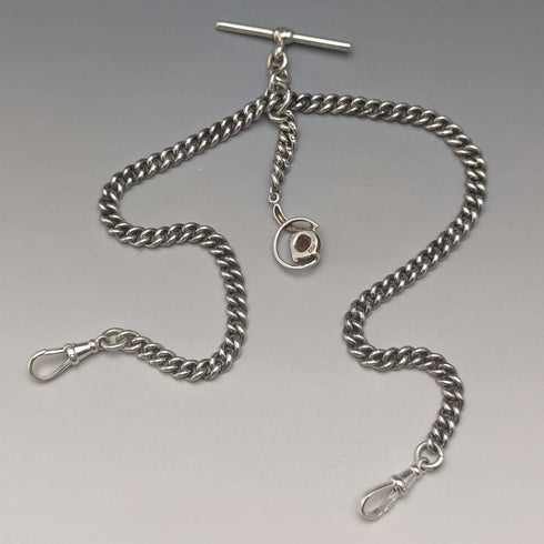 Circa 1910 British Antique Sterling Silver Double Albert Chain 37g Sterling Silver & Amber Fob