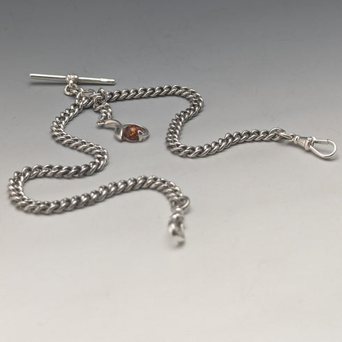 約 1910 年英國古董純銀雙阿爾伯特鏈 37 克純銀和琥珀吊墜