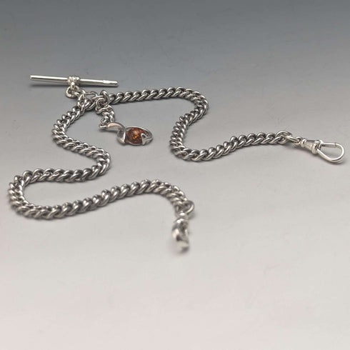 Circa 1910 British Antique Sterling Silver Double Albert Chain 37g Sterling Silver & Amber Fob