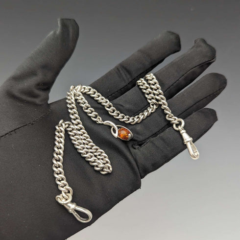 Circa 1910 British Antique Sterling Silver Double Albert Chain 37g Sterling Silver & Amber Fob