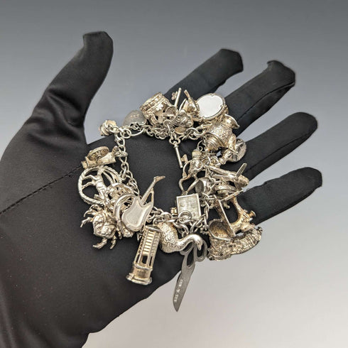 British vintage silver charm bracelet 100g