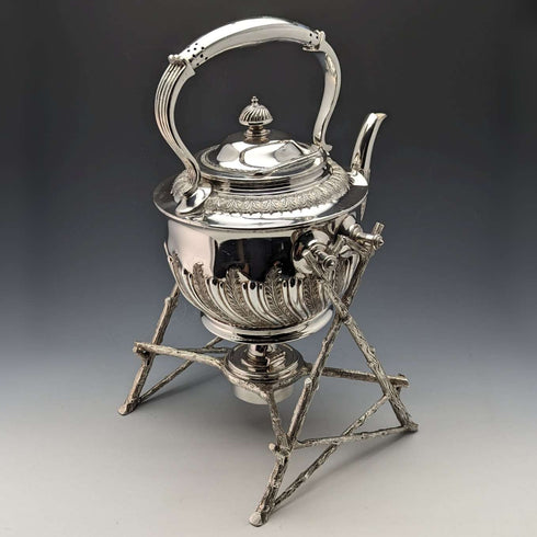 Circa 1900 British Antique Silver Plated Kettle & Burner Stand Set Walker & Hall