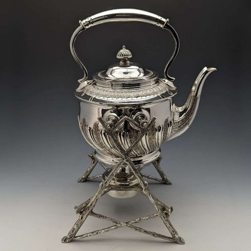 Circa 1900 British Antique Silver Plated Kettle & Burner Stand Set Walker & Hall