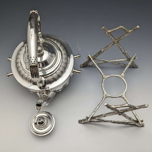 Circa 1900 British Antique Silver Plated Kettle & Burner Stand Set Walker & Hall