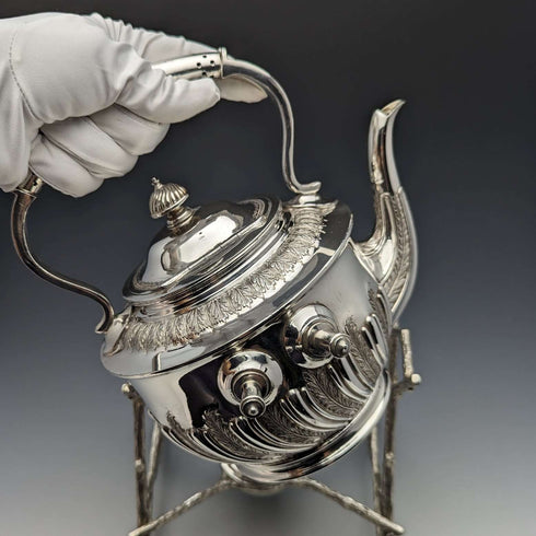 Circa 1900 British Antique Silver Plated Kettle & Burner Stand Set Walker & Hall