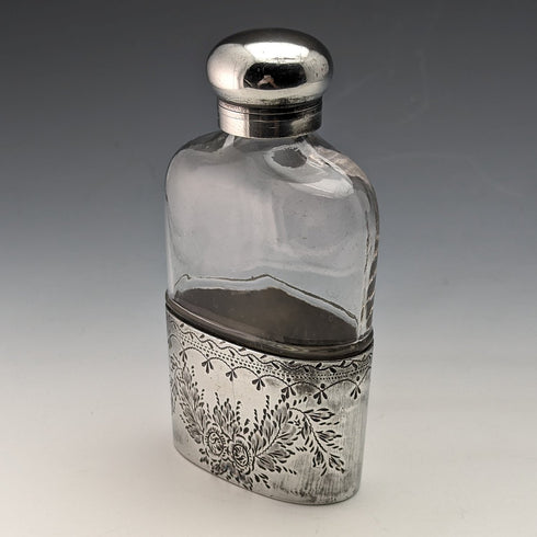 19世紀末頃 英国アンティーク シルバープレート装飾 ガラススキットル ヒップフラスコ