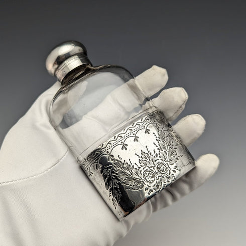 19世紀末頃 英国アンティーク シルバープレート装飾 ガラススキットル ヒップフラスコ