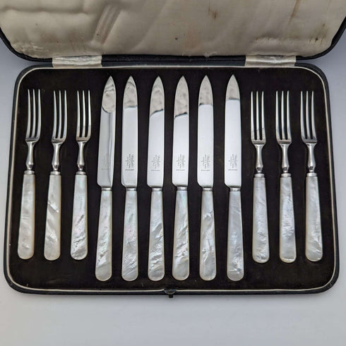 1950's British Vintage White Pearl Handle Cutlery 6 Pair Set with Case Mappin & Webb