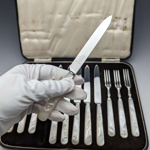 1950's British Vintage White Pearl Handle Cutlery 6 Pair Set with Case Mappin & Webb