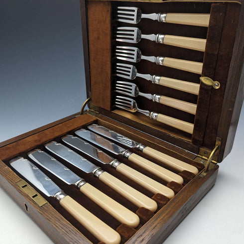 British Vintage Resin Handle Fish Cutlery 6 Pair Set in Wooden Box Cooper Brothers