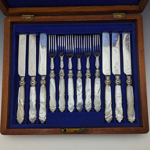 Late 19th Century British Antique Engraved White Pearl Handle Dessert Cutlery 6 Pair Set in Wooden Box