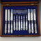 Late 19th Century British Antique Engraved White Pearl Handle Dessert Cutlery 6 Pair Set in Wooden Box