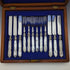 Late 19th Century British Antique Engraved White Pearl Handle Dessert Cutlery 6 Pair Set in Wooden Box