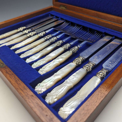 Late 19th Century British Antique Engraved White Pearl Handle Dessert Cutlery 6 Pair Set in Wooden Box