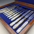 Late 19th Century British Antique Engraved White Pearl Handle Dessert Cutlery 6 Pair Set in Wooden Box