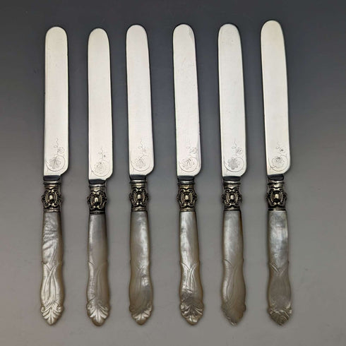 Late 19th Century British Antique Engraved White Pearl Handle Dessert Cutlery 6 Pair Set in Wooden Box