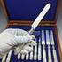 Late 19th Century British Antique Engraved White Pearl Handle Dessert Cutlery 6 Pair Set in Wooden Box