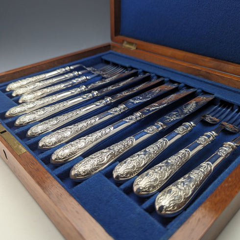 19世紀後半 英国アンティーク シルバープレート製 デザートカトラリー6ペアセット 木箱入り Fenton Brothers
