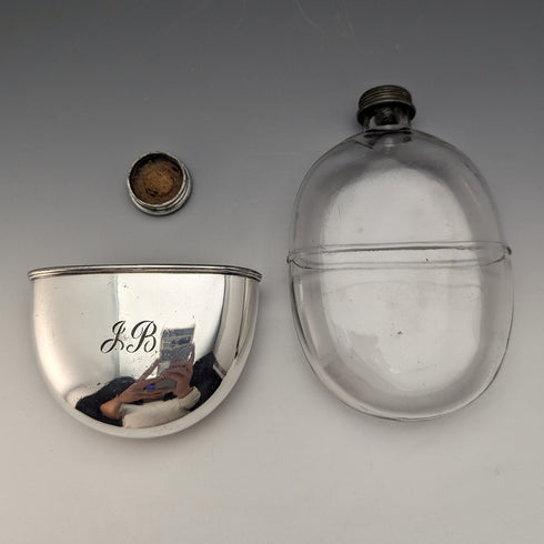 1900年 英国アンティーク シルバープレート装飾 オーバル型ガラススキットル ヒップフラスコ