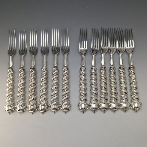 1850年頃 英国アンティーク ソリッドシルバーハンドル カトラリー12ペアセット 木箱入り Martin Hall