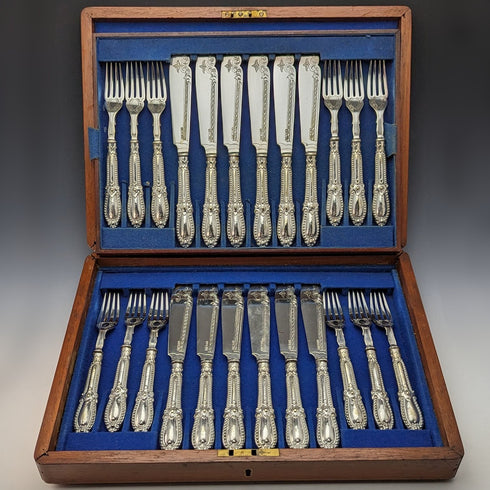 19世紀後半 英国アンティーク シルバープレート製 カトラリー12ペアセット 木箱入り Deykin & Sons