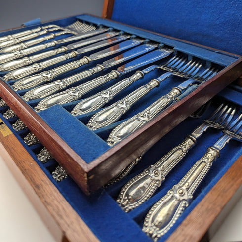 19世紀後半 英国アンティーク シルバープレート製 カトラリー12ペアセット 木箱入り Deykin & Sons
