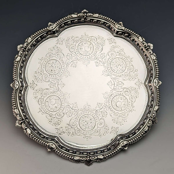 1899 British Antique Sterling Silver Salva Card Tray Diameter 22cm 315g Mappin Brothers
