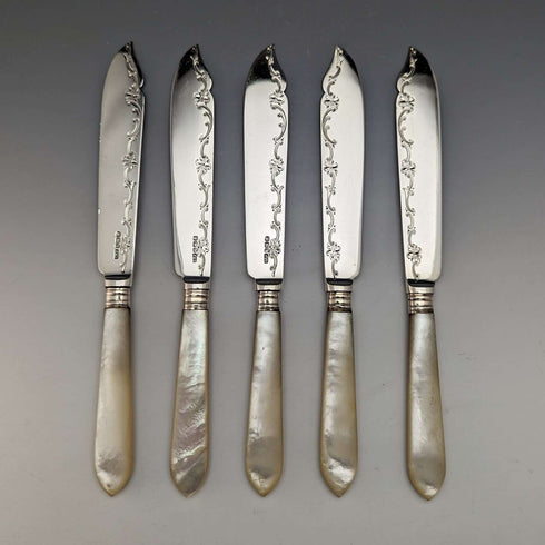 1923 英國古董魚餐具 5 對套裝白色珍珠手柄純銀刀片 Allen & Darwin