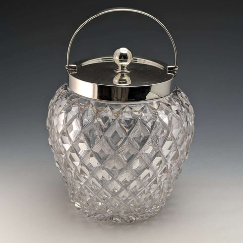 1912年 英国アンティーク カットガラス ビスケットバレル 純銀蓋 Goldsmiths & Silversmiths
