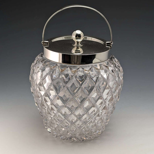 1912年 英国アンティーク カットガラス ビスケットバレル 純銀蓋 Goldsmiths & Silversmiths